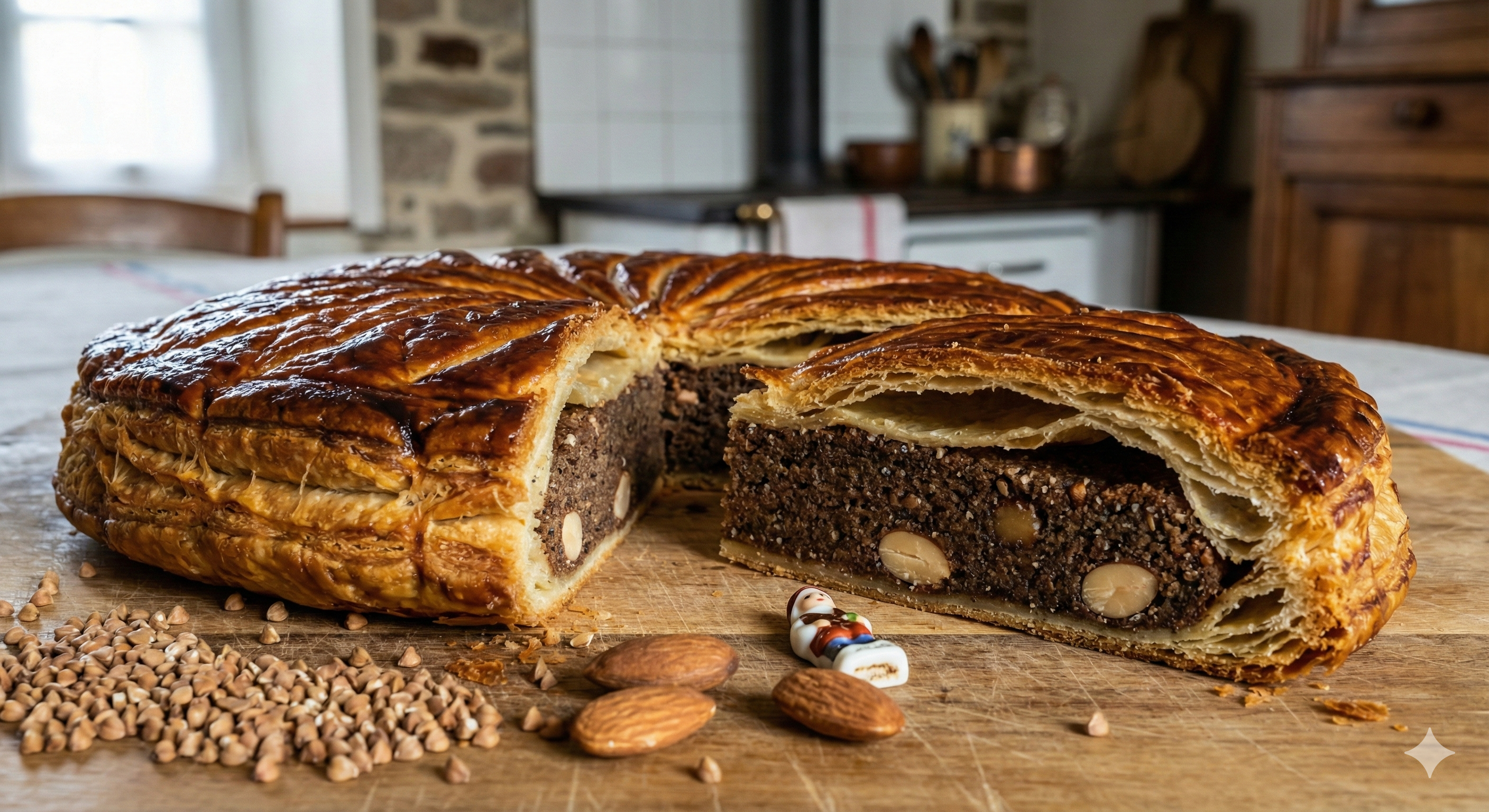 Galette des rois artisanale coupée montrant la frangipane sombre au blé noir, des amandes entières, des grains de sarrasin et une fève sur une planche en bois rustique