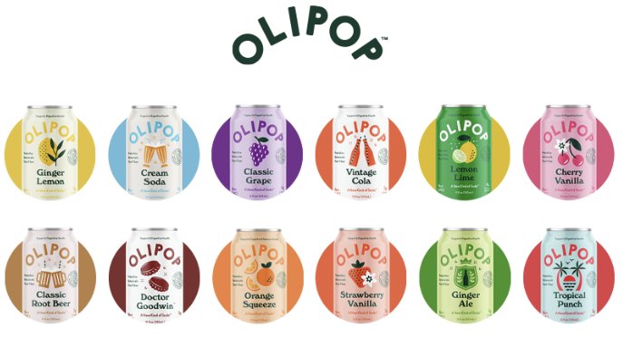 Gamme complète OLIPOP - 12 saveurs : Ginger Lemon, Cream Soda, Classic Grape, Vintage Cola, Lemon Lime, Cherry Vanilla, Classic Root Beer, Doctor Goodwin, Orange Squeeze, Strawberry Vanilla, Ginger Ale, Tropical Punch