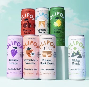 OLIPOP gamme de canettes - Cherry Cola, Cream Soda, Lemon Lime, Classic Grape, Strawberry Vanilla, Classic Root Beer, Ridge Rush