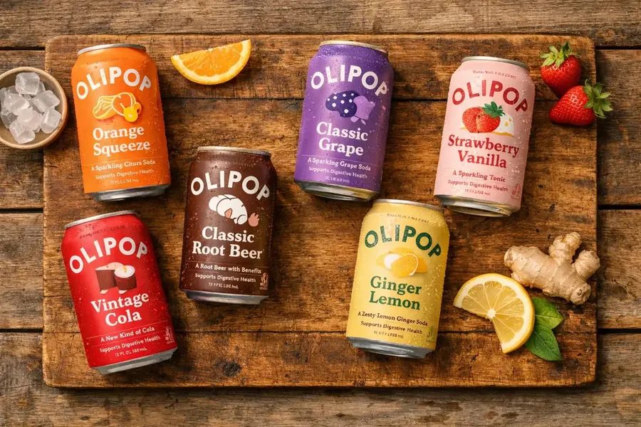 Canettes Olipop Orange Squeeze Classic Grape Strawberry Vanilla sur planche en bois – arômes 100% naturels sans colorants